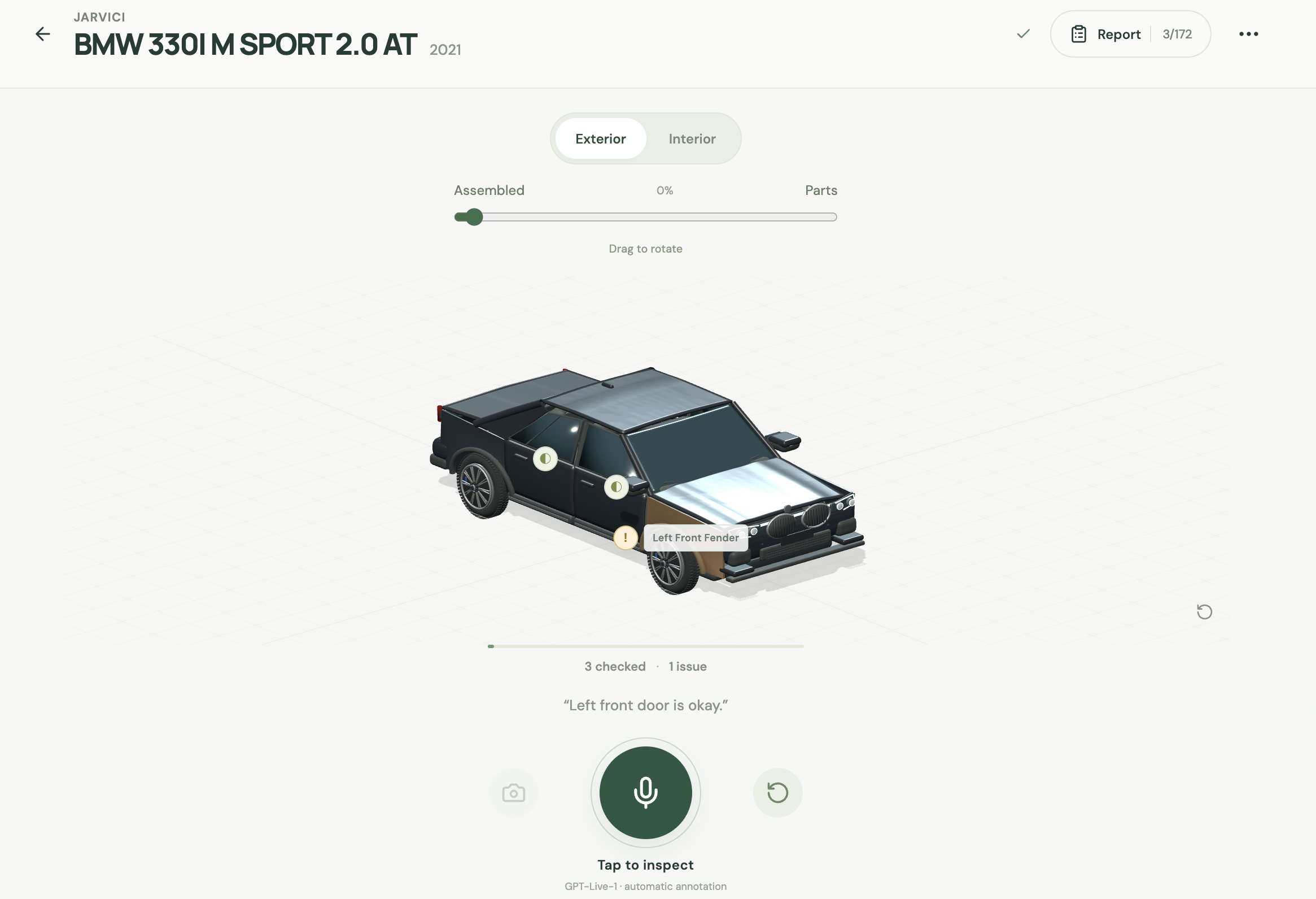 JARVICI voice-led vehicle inspection interface with an interactive 3D car
