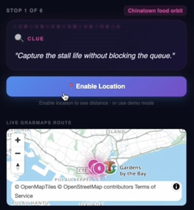 QuestPass — Chinatown food orbit quest with live GrabMaps route